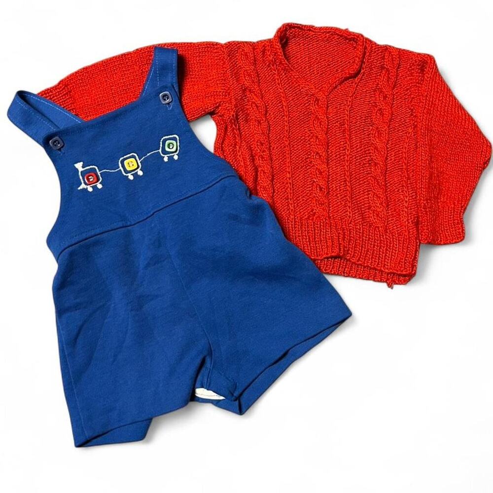 Vintage and handmade baby boy set 12m. 1970s overalls handmade knit sweater
